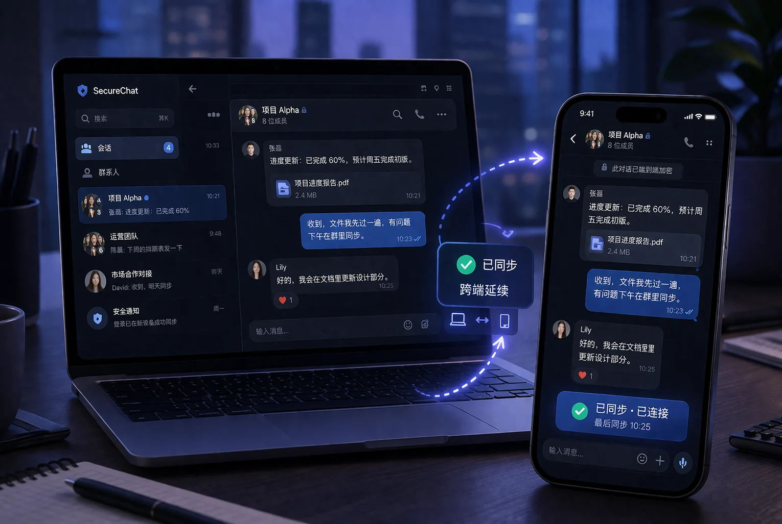 SafeW 多端同步与加密通讯示意